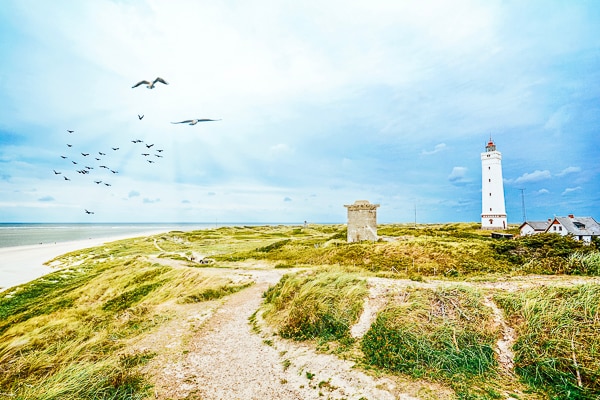 Leuchtturm und Bunker in den Dünen am Strand von Blavand.jpg