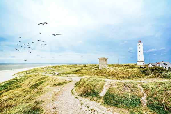 Leuchtturm und Bunker in den Dünen am Strand von Blavand.jpg