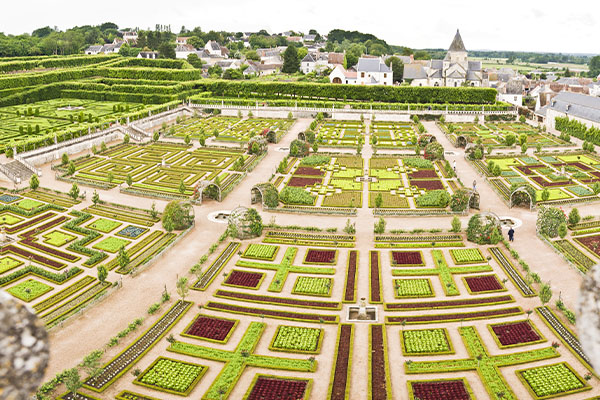 Gärten mit Blumen vom Schloss im Loire-Tal