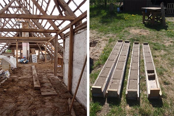 Fotos vom offenen Fachstuhl und den selbst produzierten Lehmziegeln