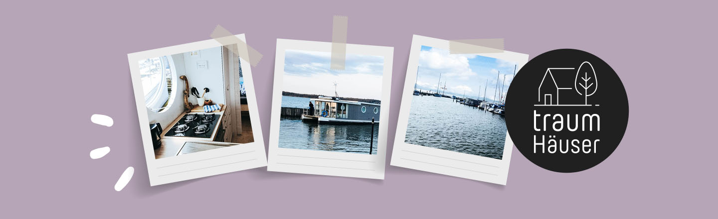 Grafik mit drei Polaroidbildern von dem Hausboot Habitide
