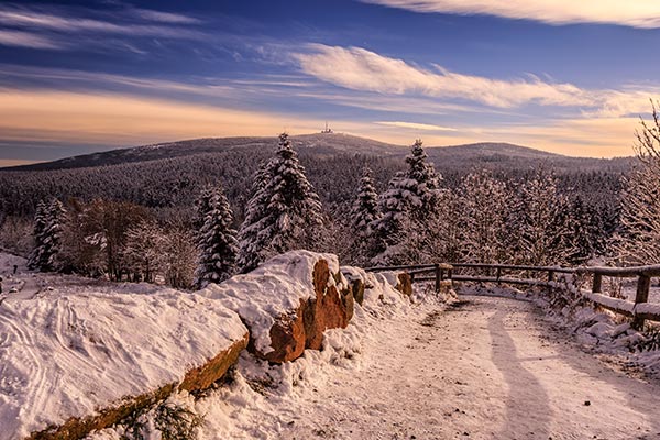 Blick auf verschneiten Tannen und Berge im Harz