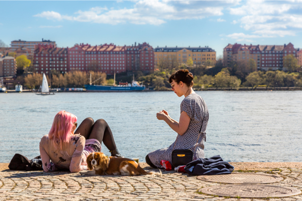 Zwei Frauen mit Hund in Stockholm am Wasser