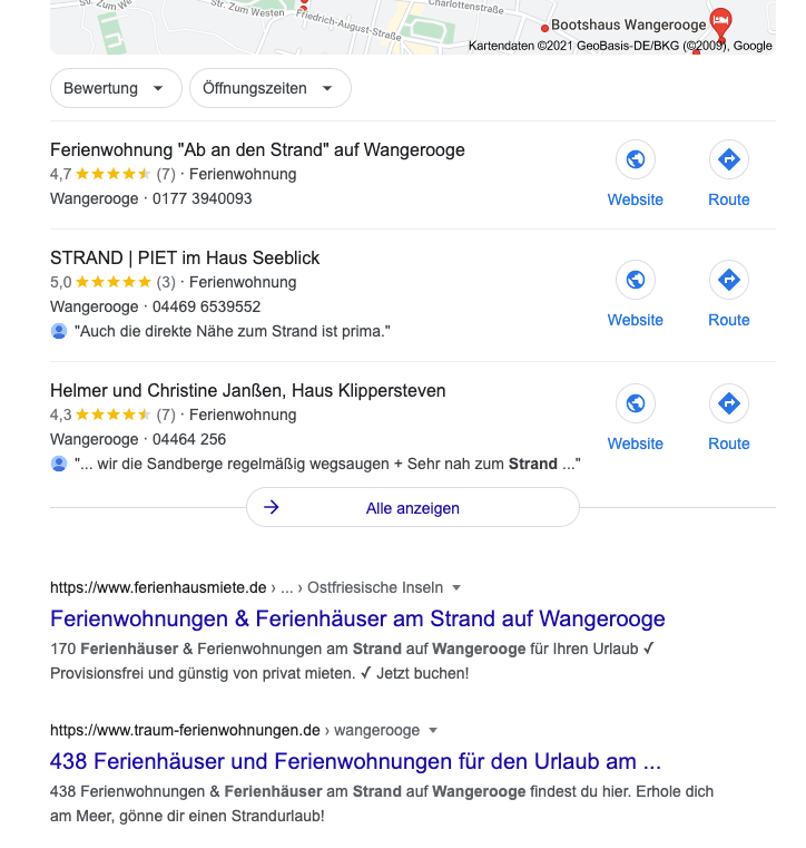 Sreenshot eines Google Suchergebnisses einer Ferienwohnung, die online vermarktet wird