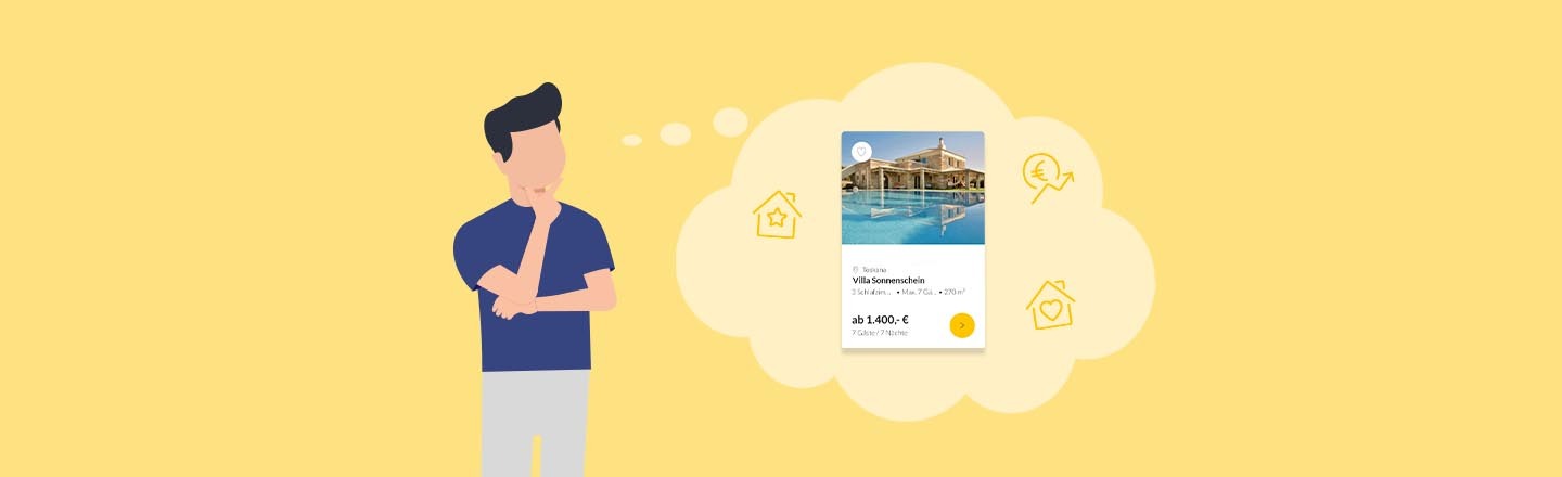 Mann mit Gedankenblase, in dem der Screenshot von einem Inserat eines Ferienhauses ist auf gelben Hintergrund