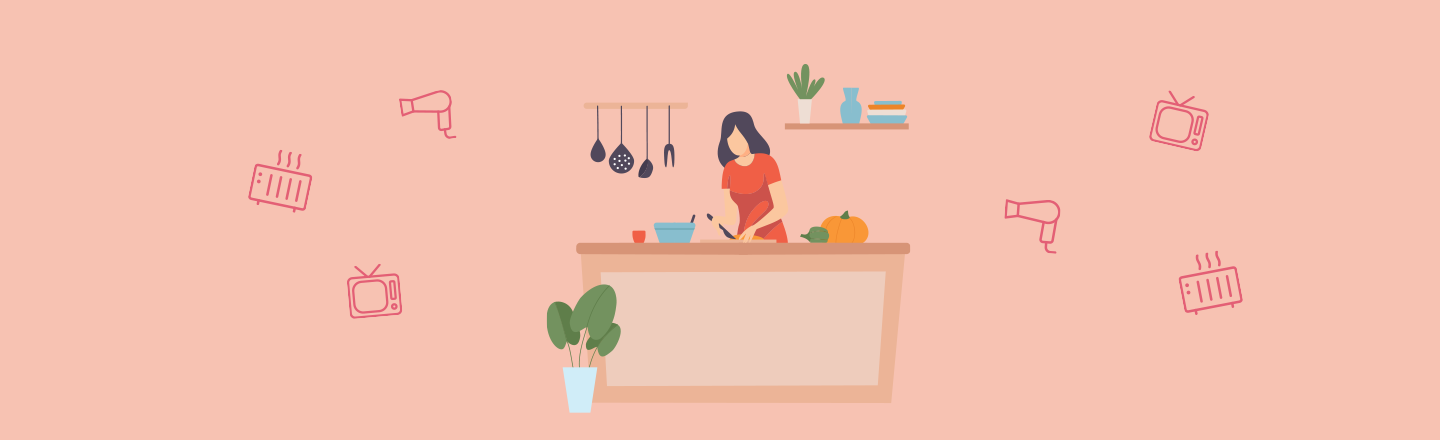 Illustration einer voll ausgestatteten Küche - in einer Ferienunterkunft - darin eine Frau