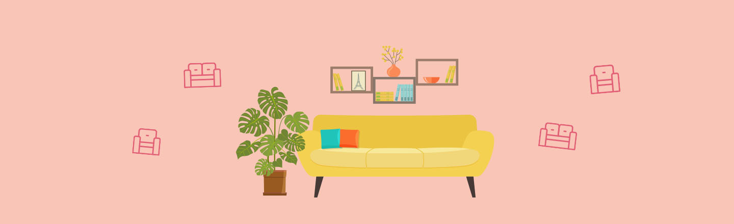Illustration von Wohnzimmereinrichtung auf rosa Hintergrund
