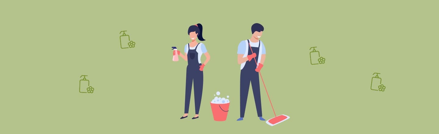 Zwei illustrierte Personen, die Reinigungsutensilien in der Hand haben auf grünem Hintergrund