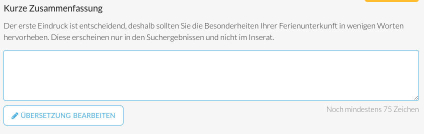 Screenshot der Eingabemaske "Kurzbeschreibung" im Vermieterbereich