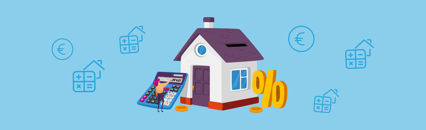 Illustration eines Hauses mit Taschenrechner und Geld daneben
