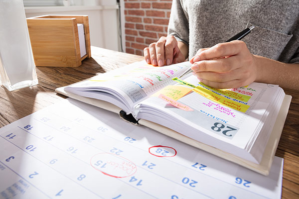Frau plant mit Kalendern einen Belegungsplan