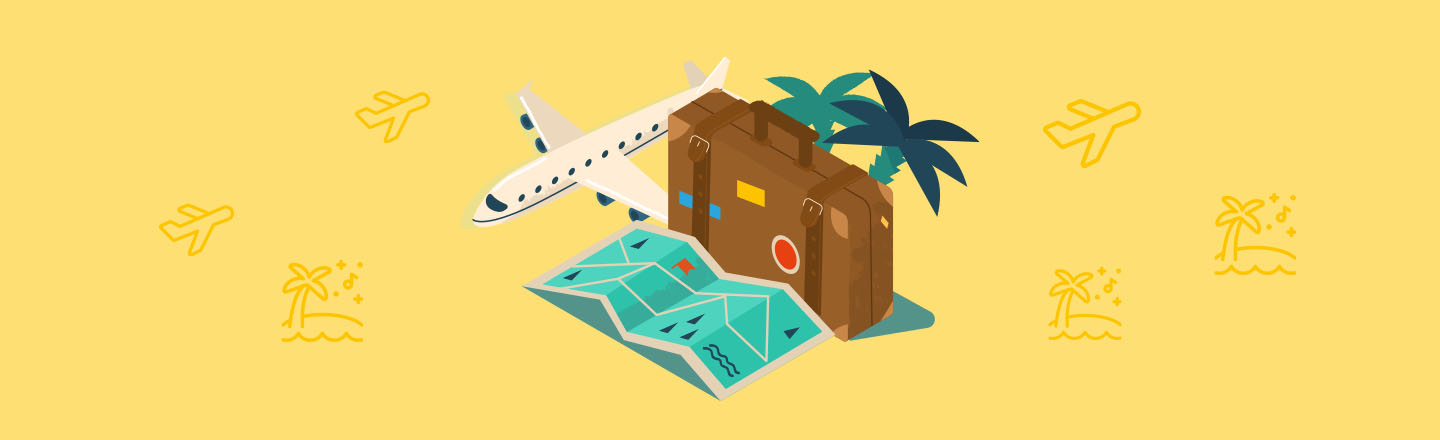Illustration mit Flugzeug, Koffer, Reisekarten und Palmen