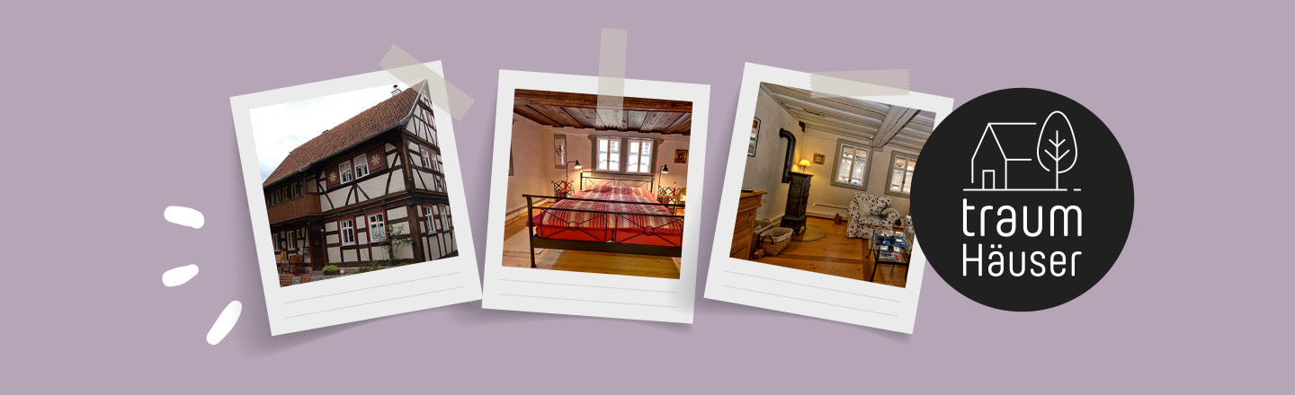 Grafik mit drei Polaroids des Ferienhauses Austragshaus Rhön in Stockheim