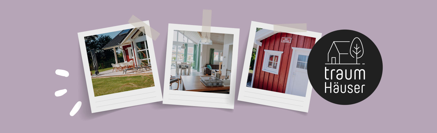 Grafik mit drei Polaroids des Ferienhauses Lütt Lönneberga in Neufeld an der Nordsee