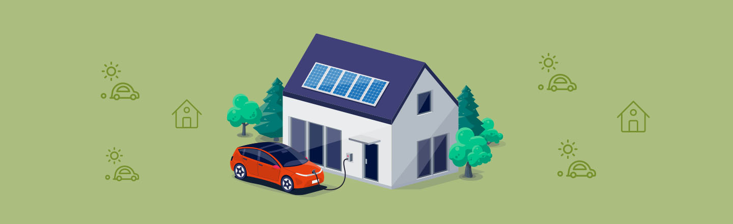 Illustration eines Hauses mit Wallbox, an der ein Elektroauto lädt