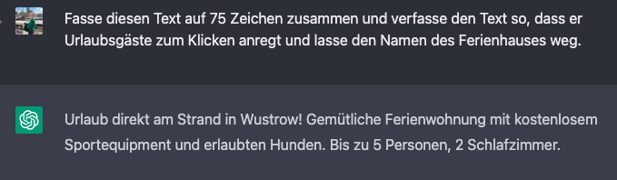 Screenshot aus dem KI-Tool ChatGPT für eine klickstarke Kurzbeschreibung einer Ferienunterkunft