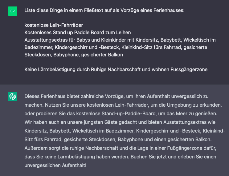 Screenshot auf ChatGPT, um einen Text zu den Besonderheiten einer Ferienunterkunft verfassen zu lassen