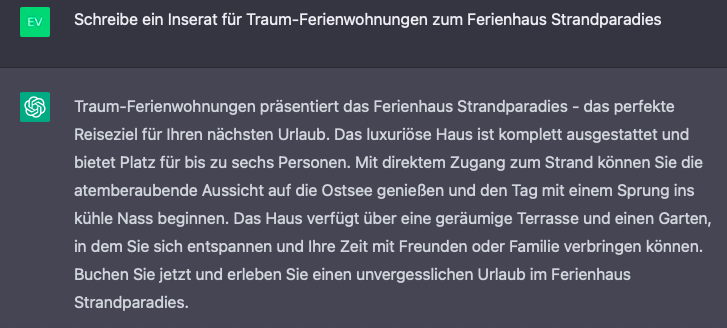 Screenshot aus ChatGPT mit dem Befehl ein Inserat für eine Ferienwohnung zu schreiben