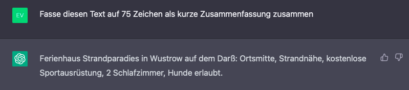 Screenshot aus ChatGPT mit dem Befehl eine Kurzbeschreibung für eine Ferienunterkunft zu schreiben