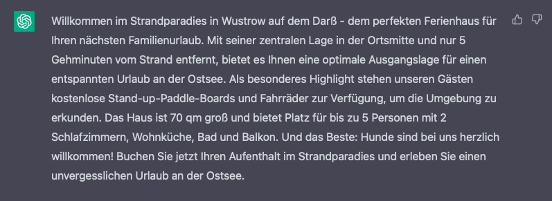 Screenshot aus ChatGPT mit den richtigen Prompts für ein Inserat für eine Ferienunterkunft