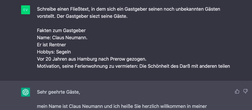 Beispieltext von ChatGPT zur Vorstellung eines Gastgebers einer Ferienunterkunft